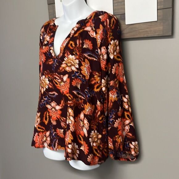 Old Navy Autumn Fall V Neck Long Sleeve Flowy Boho Rayon Blouse- Medium - Picture 2 of 13